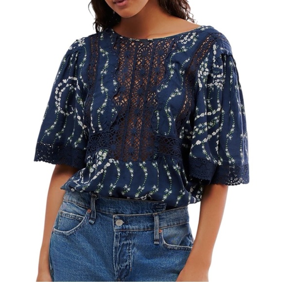 Free People Bali Tate Mixed Media Crochet Floral Printed Bodysuit Blue Sz S - Picture 2 of 14